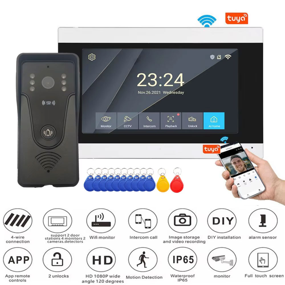 Smart Doorbell Wired - Tuya-アクセス制御システム用インターホンキット,1080pカラータッチスクリーン,Wi-Fi,ワイヤレスビデオドアベル,スマートアプリケーション,7インチ