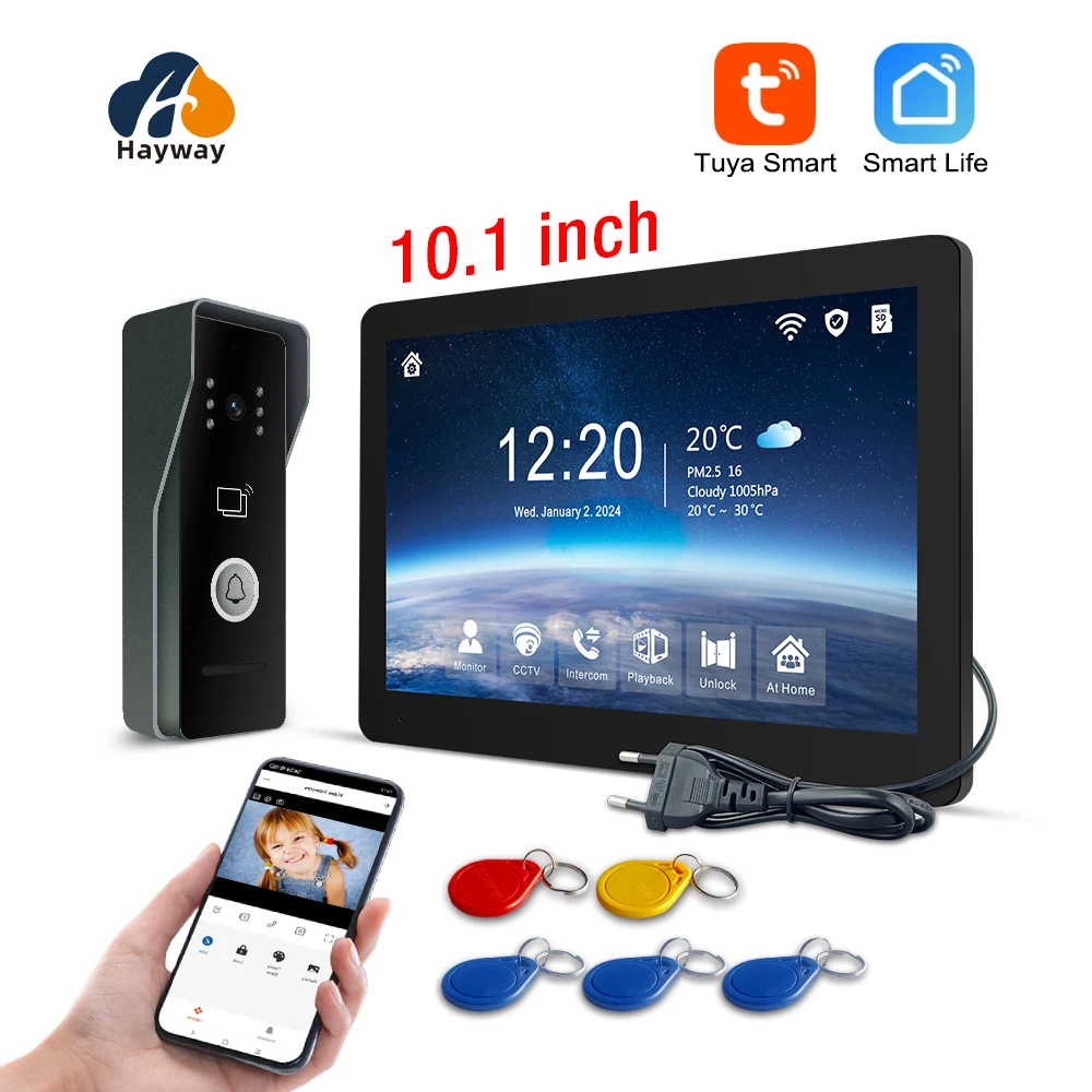 Smart Doorbell Wired - Hayway-スマートビデオインターホンシステム,モバイル検出,ips,フルタッチ,ビデオインターホン,IDアクセス,ロック解除制御,tuya,1080p,10インチ