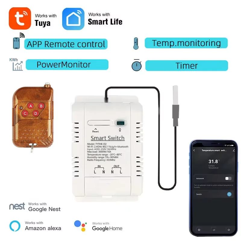Tuya Wifi 16A/20A スマート温度湿度スイッチ - Sonoff Basic Switch のレビューと価格